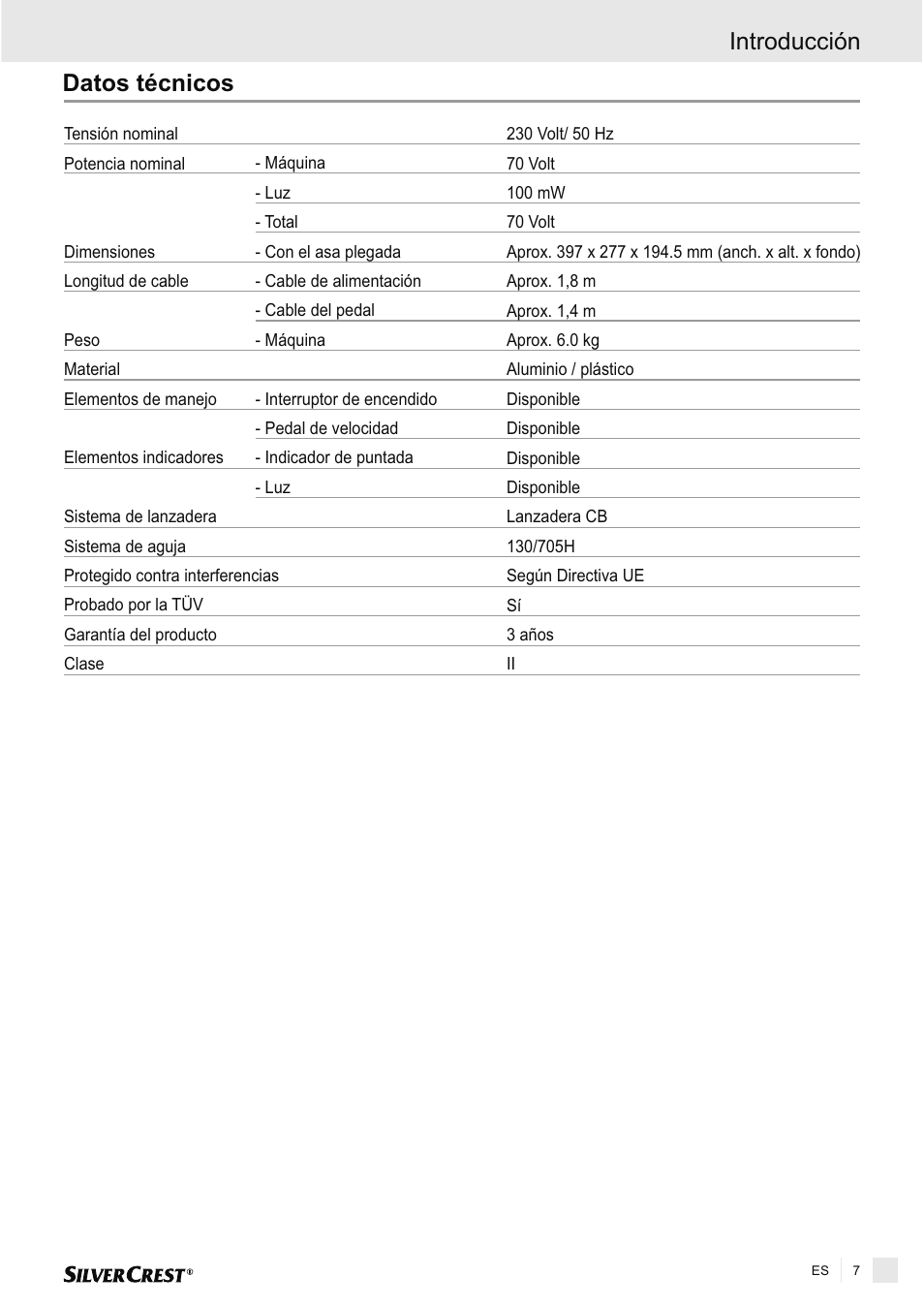 Introducción, Datos técnicos | Silvercrest SNMD 33 A1 User Manual | Page 7 / 94