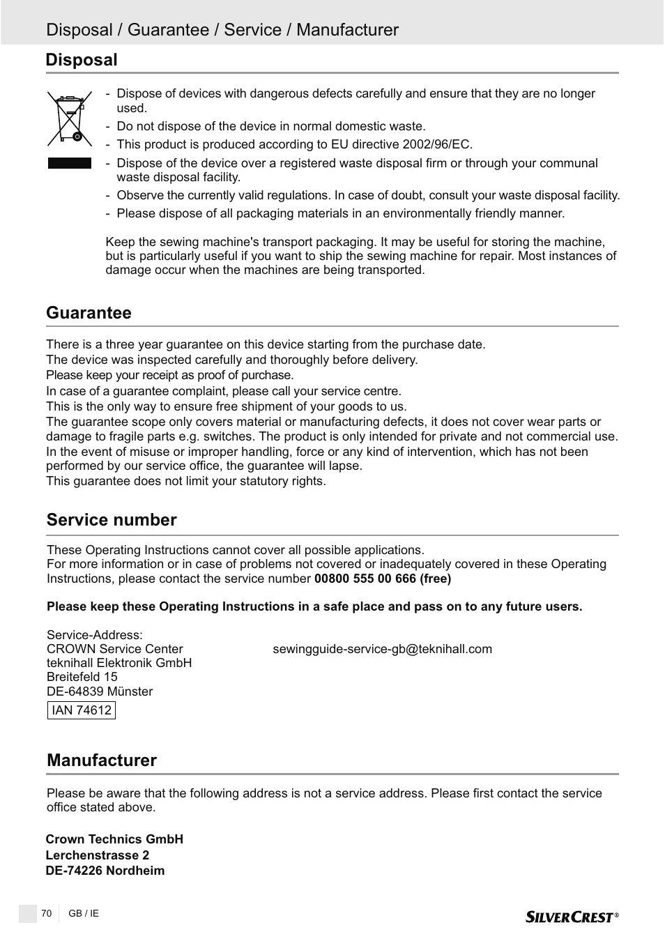 Guarantee, Disposal | Silvercrest SNMD 33 A1 User Manual | Page 70 / 94