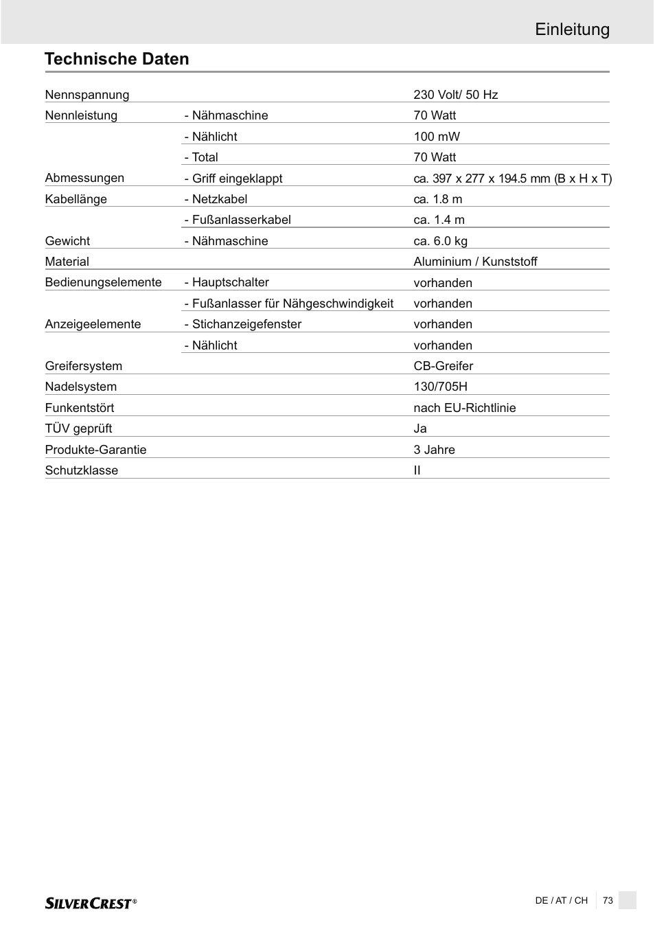 Technische daten einleitung | Silvercrest SNMD 33 A1 User Manual | Page 73 / 94