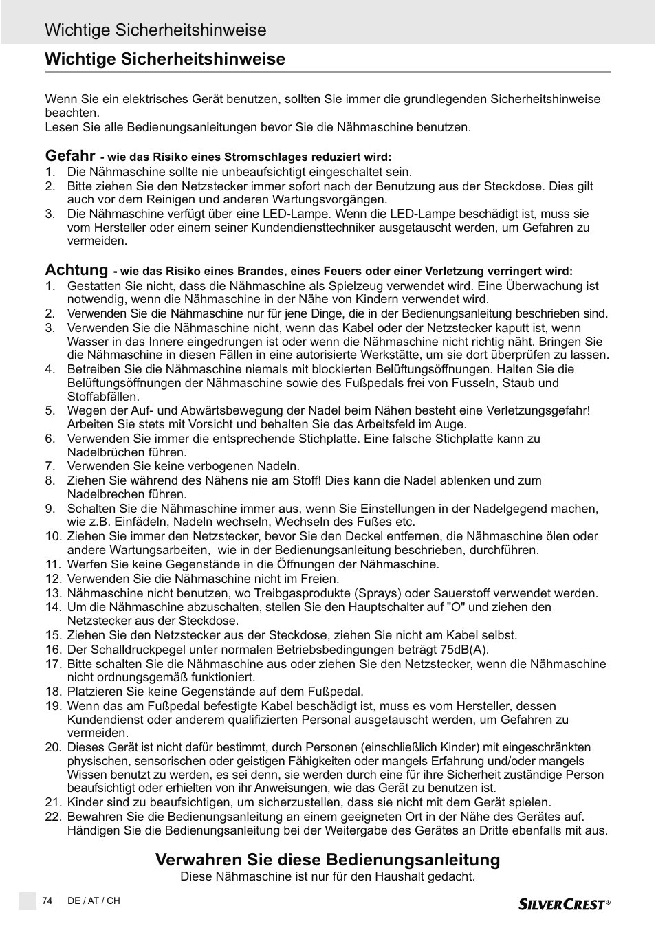 Wichtige sicherheitshinweise, Verwahren sie diese bedienungsanleitung, Gefahr achtung | Silvercrest SNMD 33 A1 User Manual | Page 74 / 94