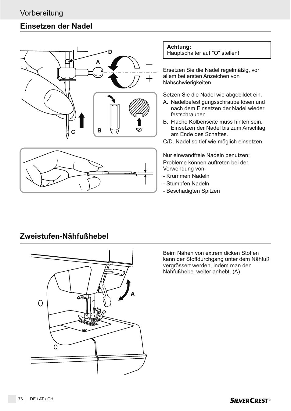 Zweistufen-nähfußhebel, Einsetzen der nadel vorbereitung | Silvercrest SNMD 33 A1 User Manual | Page 76 / 94