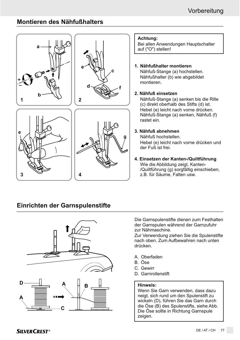 Montieren des nähfußhalters, Vorbereitung einrichten der garnspulenstifte | Silvercrest SNMD 33 A1 User Manual | Page 77 / 94