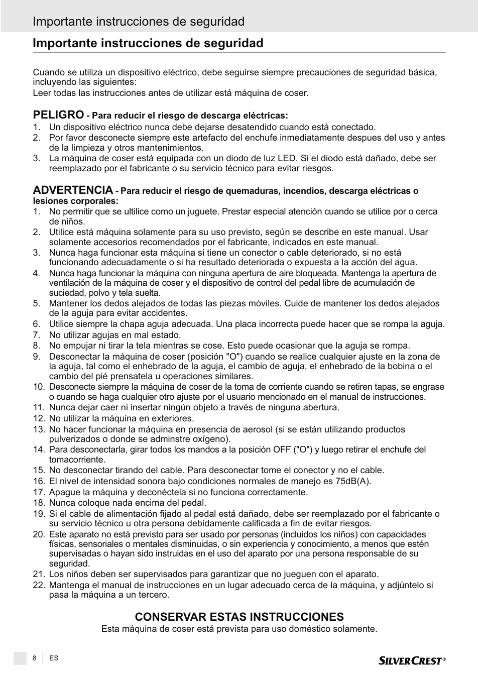 Importante instrucciones de seguridad, Peligro advertencia conservar estas instrucciones | Silvercrest SNMD 33 A1 User Manual | Page 8 / 94