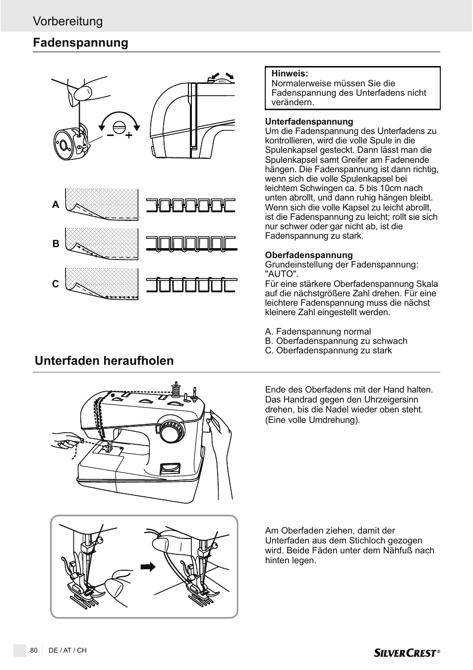 Fadenspannung, Unterfaden heraufholen, Vorbereitung | Silvercrest SNMD 33 A1 User Manual | Page 80 / 94