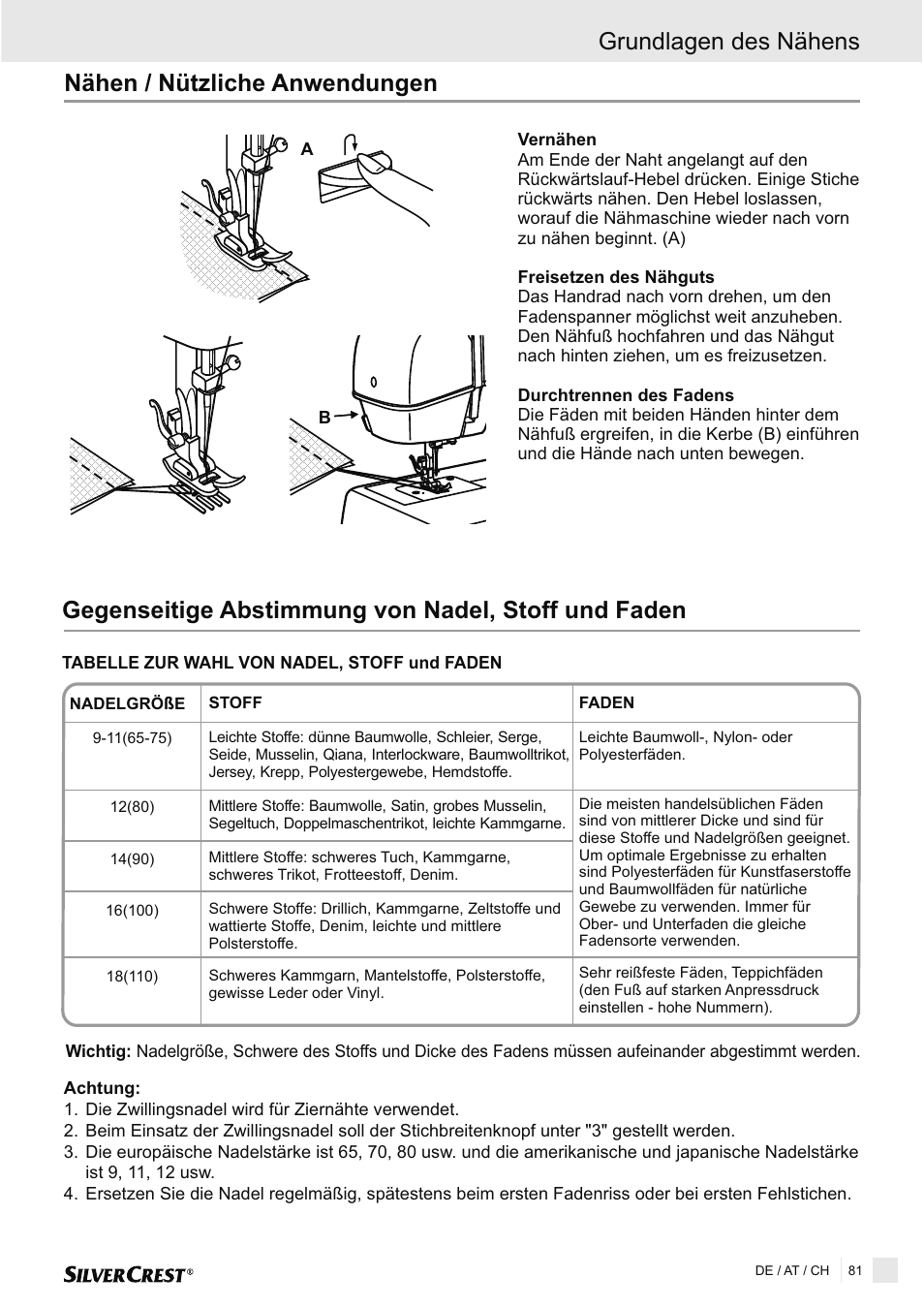 Nähen / nützliche anwendungen, Gegenseitige abstimmung von nadel, stoff und faden, Grundlagen des nähens | Silvercrest SNMD 33 A1 User Manual | Page 81 / 94