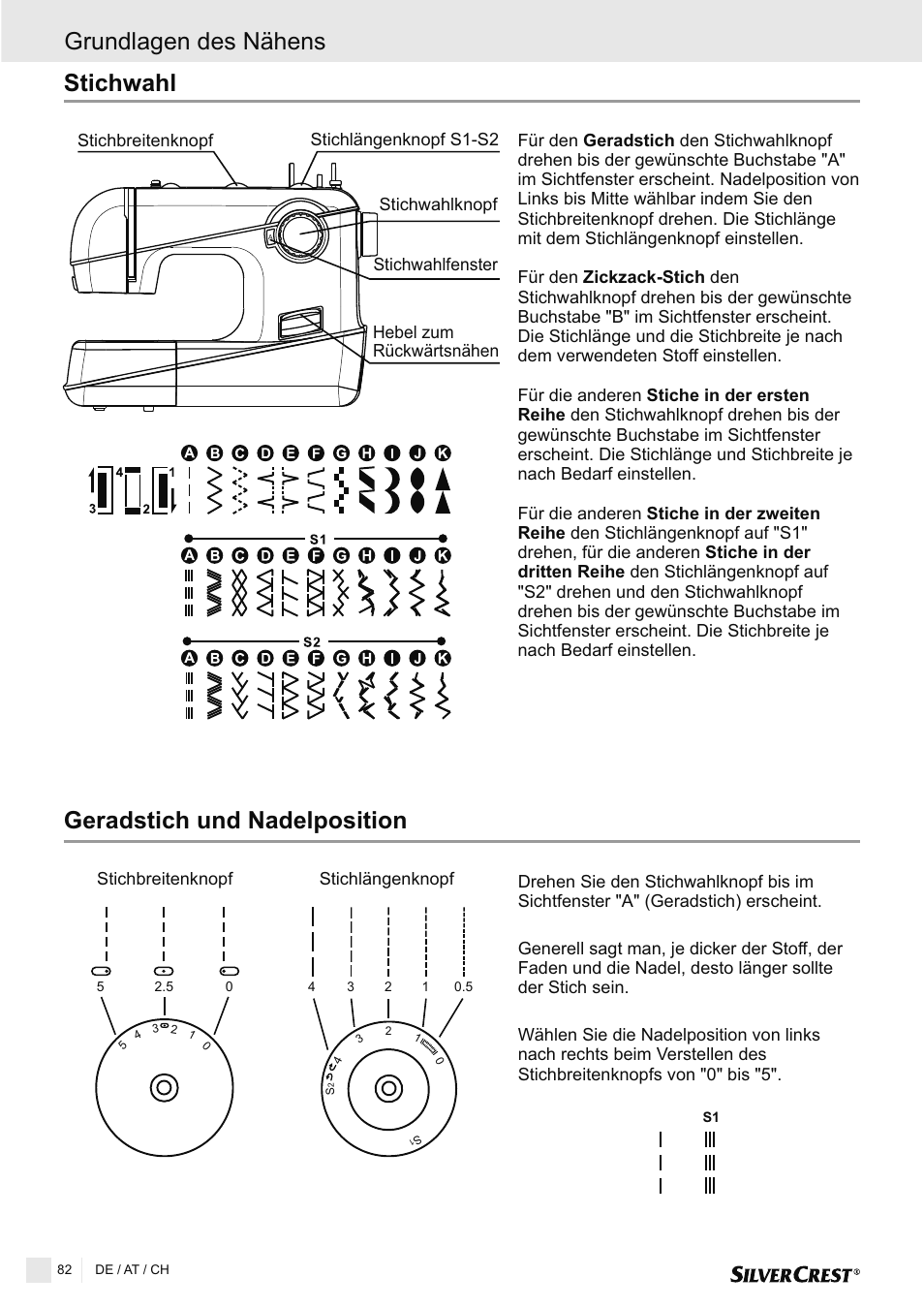 Geradstich und nadelposition, Stichwahl, Grundlagen des nähens | Silvercrest SNMD 33 A1 User Manual | Page 82 / 94