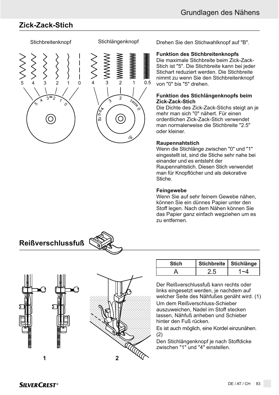 Zick-zack-stich rei verschlussfu я я, Grundlagen des nähens, A2.5 1~4 | Silvercrest SNMD 33 A1 User Manual | Page 83 / 94