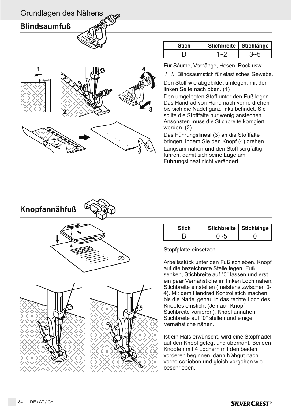 Blindsaumfuß knopfannähfuß, Grundlagen des nähens | Silvercrest SNMD 33 A1 User Manual | Page 84 / 94