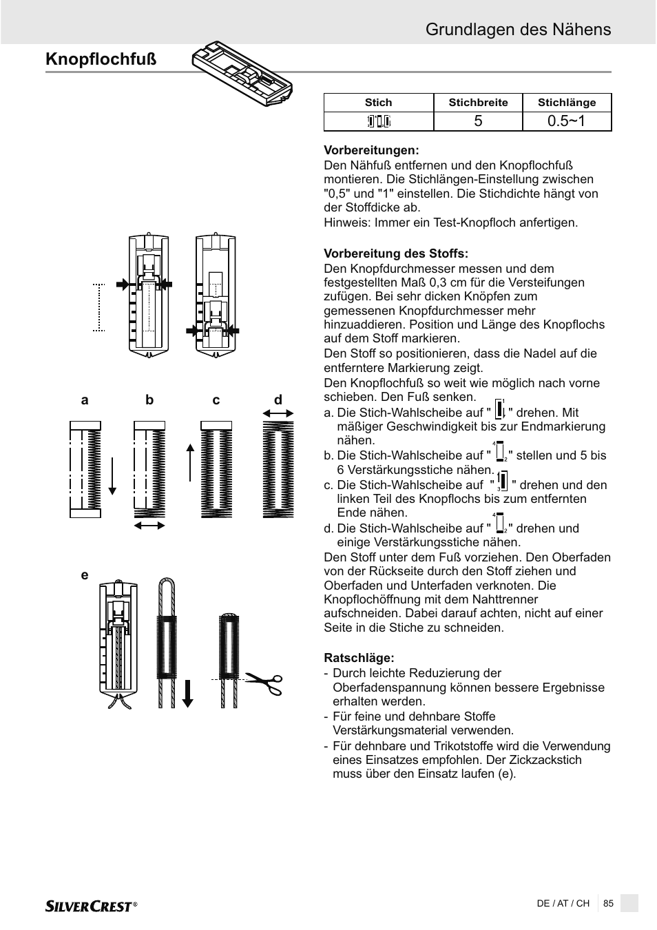 Knopflochfuß, Grundlagen des nähens | Silvercrest SNMD 33 A1 User Manual | Page 85 / 94