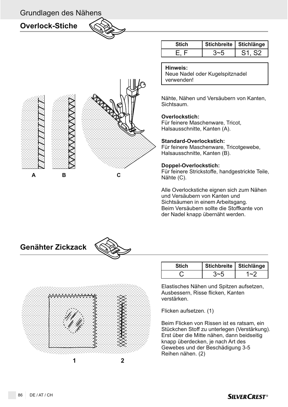 Overlock-stiche, Genähter zickzack, Grundlagen des nähens | Silvercrest SNMD 33 A1 User Manual | Page 86 / 94