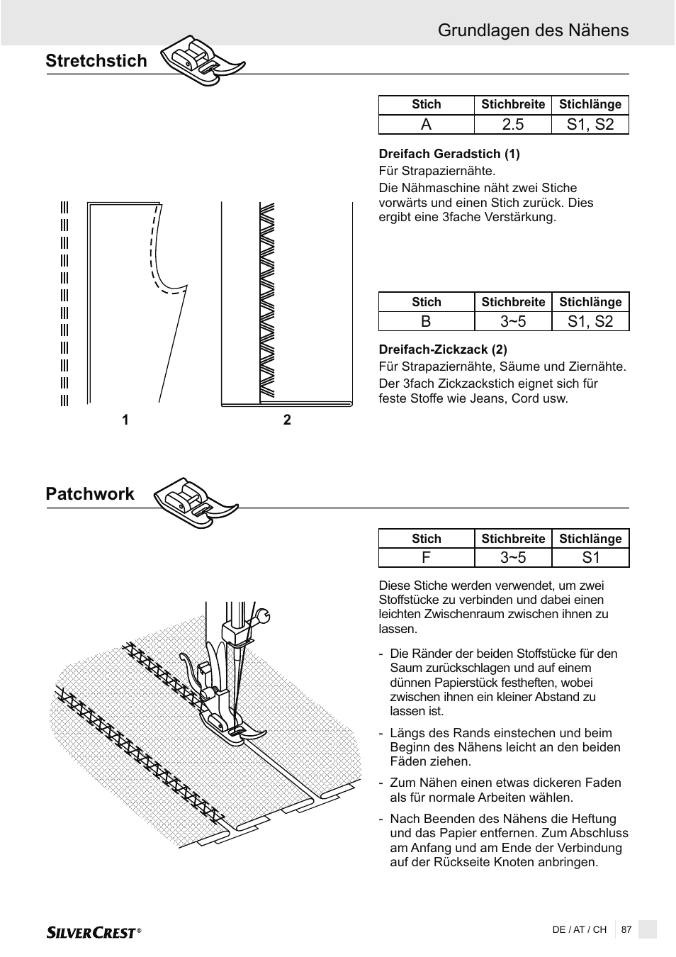 Patchwork, Stretchstich, Grundlagen des nähens | Silvercrest SNMD 33 A1 User Manual | Page 87 / 94