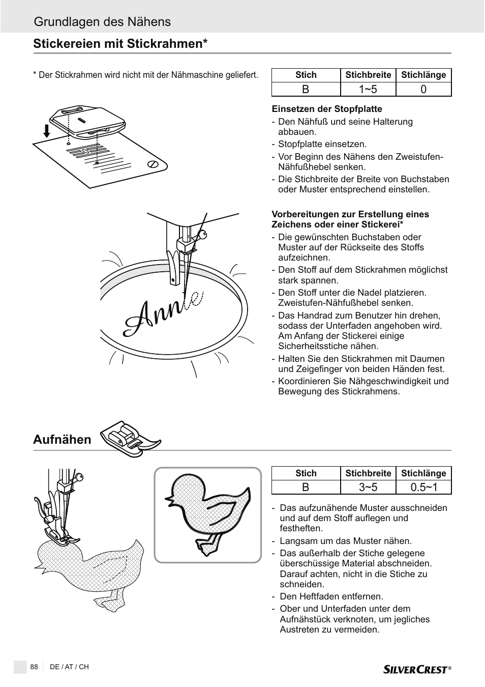 Aufnähen, Stickereien mit stickrahmen, Grundlagen des nähens | Silvercrest SNMD 33 A1 User Manual | Page 88 / 94