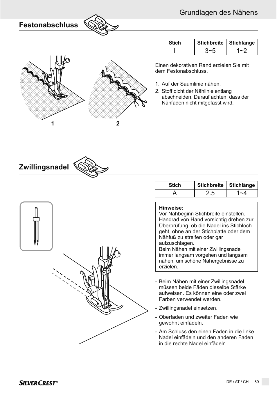 Zwillingsnadel, Festonabschluss, Grundlagen des nähens | Silvercrest SNMD 33 A1 User Manual | Page 89 / 94