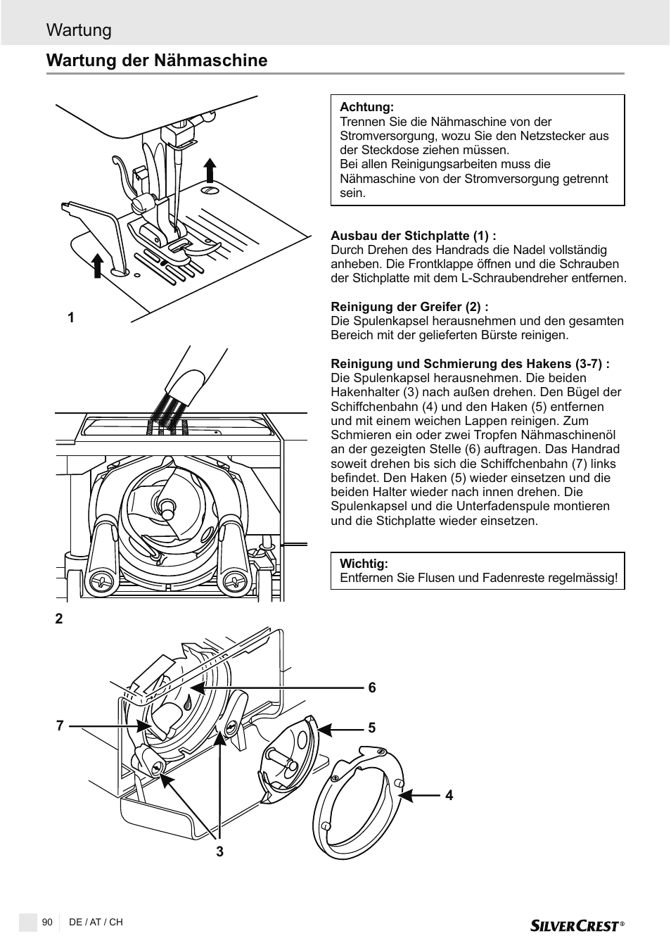 Wartung, Wartung der nähmaschine | Silvercrest SNMD 33 A1 User Manual | Page 90 / 94