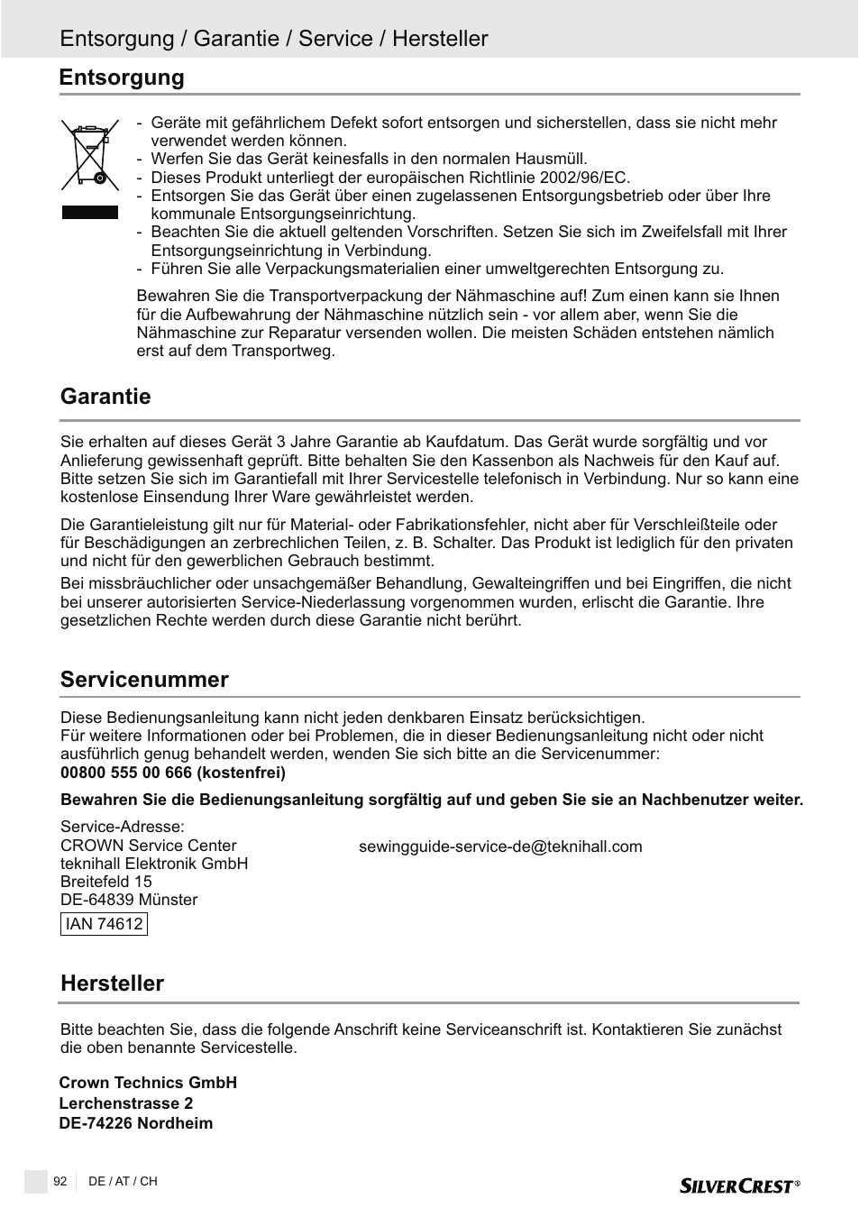 Entsorgung | Silvercrest SNMD 33 A1 User Manual | Page 92 / 94