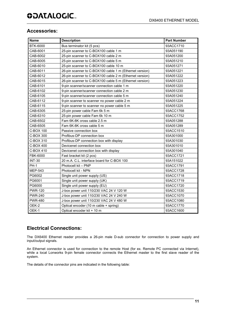 Accessories, Electrical connections | Datalogic Scanning DX6400 User Manual | Page 13 / 24