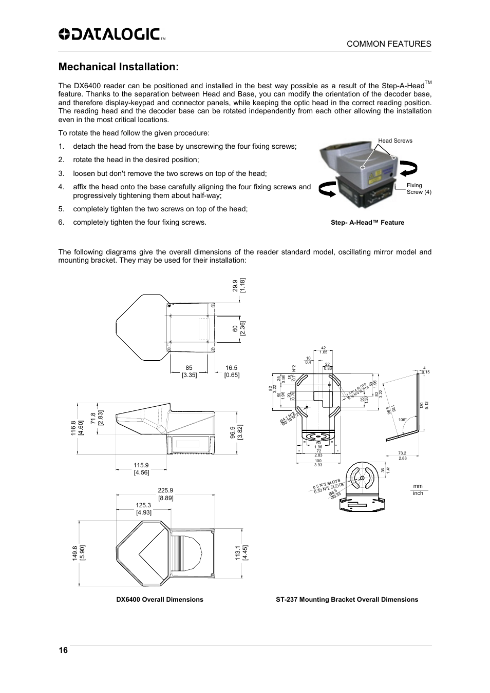 Mechanical installation, Common features 16 | Datalogic Scanning DX6400 User Manual | Page 18 / 24