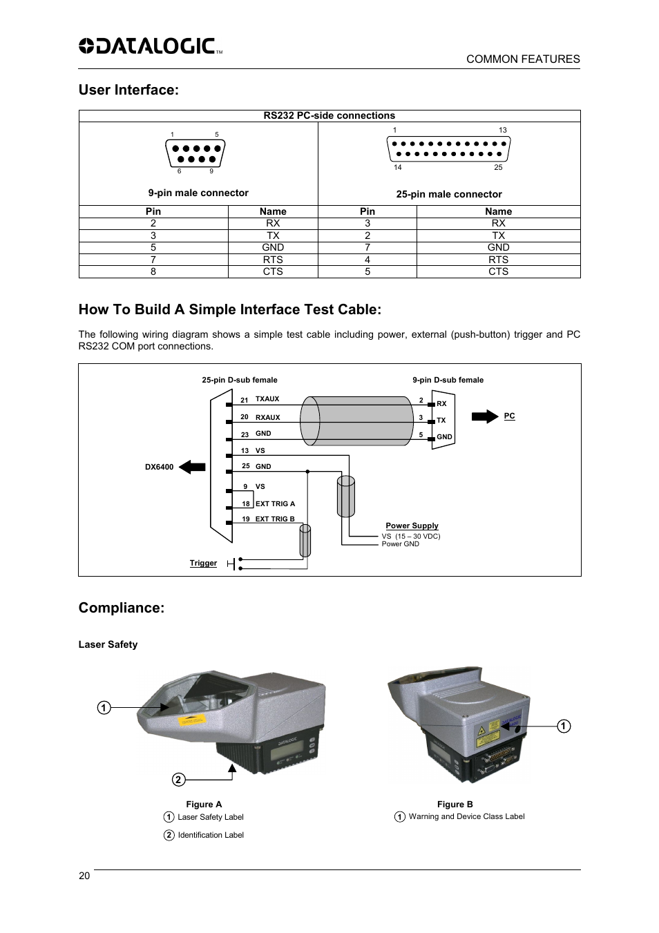 User interface, How to build a simple interface test cable, Compliance | Common features | Datalogic Scanning DX6400 User Manual | Page 22 / 24