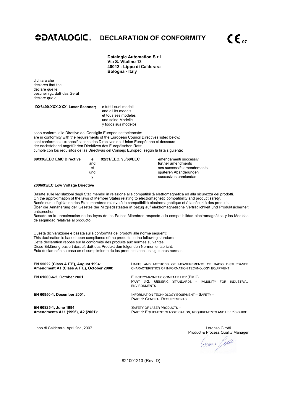Declaration of conformity | Datalogic Scanning DX6400 User Manual | Page 24 / 24