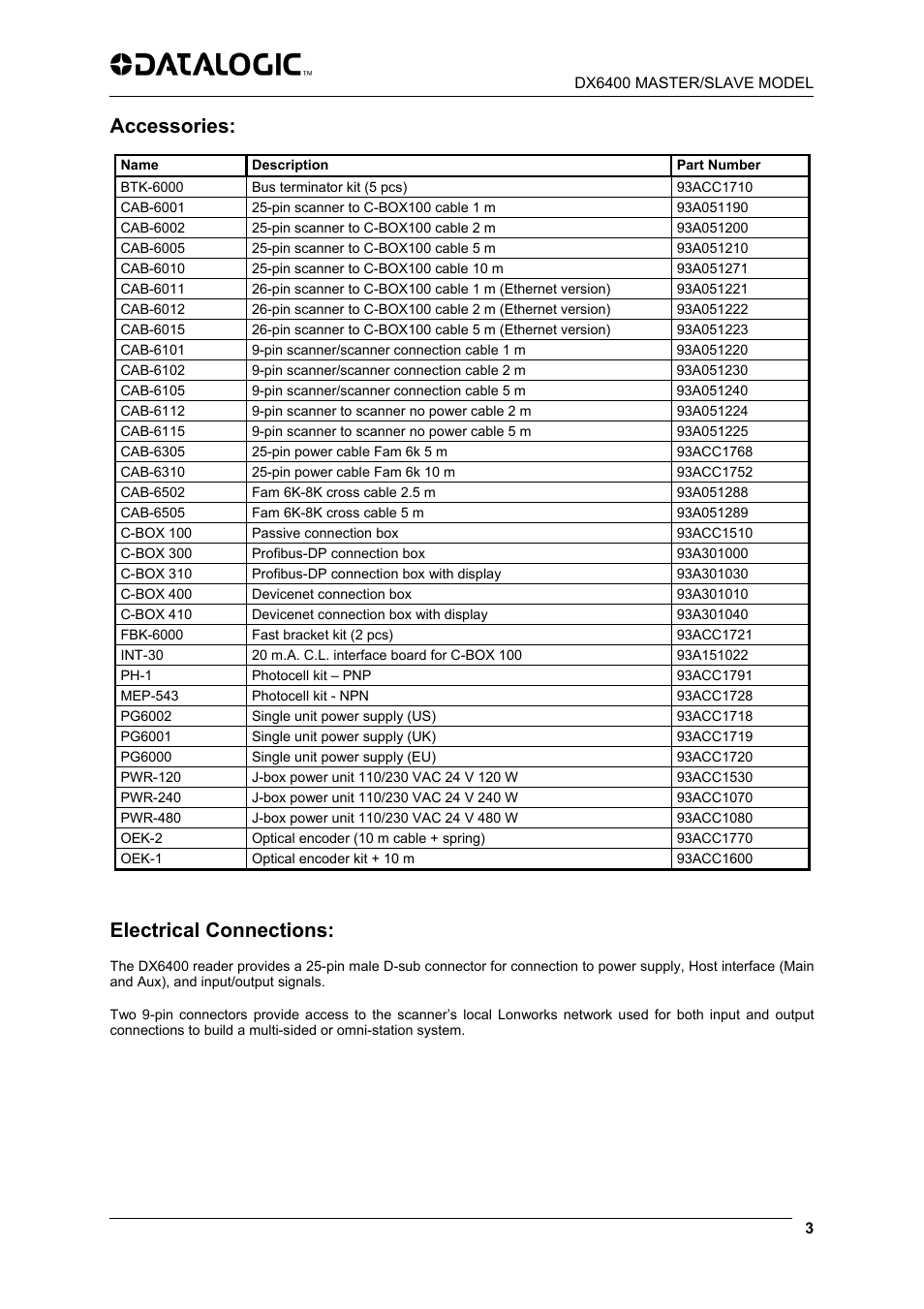 Accessories, Electrical connections | Datalogic Scanning DX6400 User Manual | Page 5 / 24