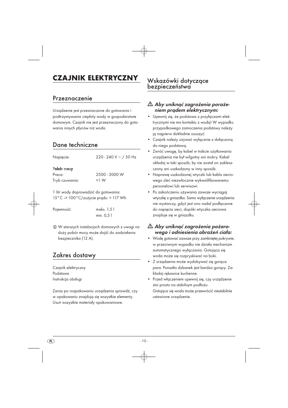 Czajnik elektryczny, Przeznaczenie, Dane techniczne | Zakres dostawy, Wskazówki dotyczące bezpieczeństwa | Silvercrest SWKD 3000 A1 User Manual | Page 12 / 58