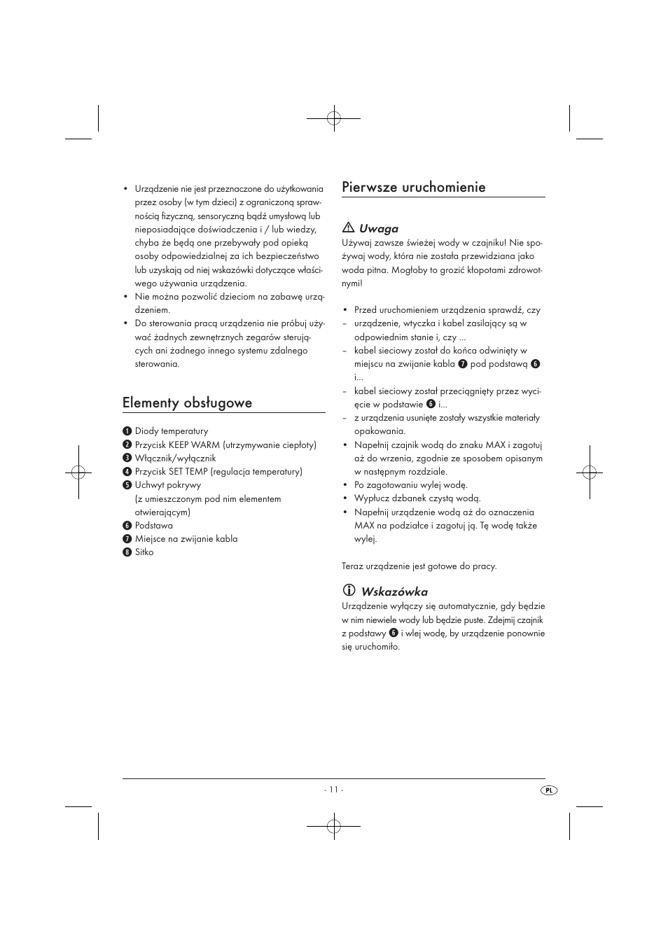 Elementy obsługowe, Pierwsze uruchomienie, Uwaga | Wskazówka | Silvercrest SWKD 3000 A1 User Manual | Page 13 / 58