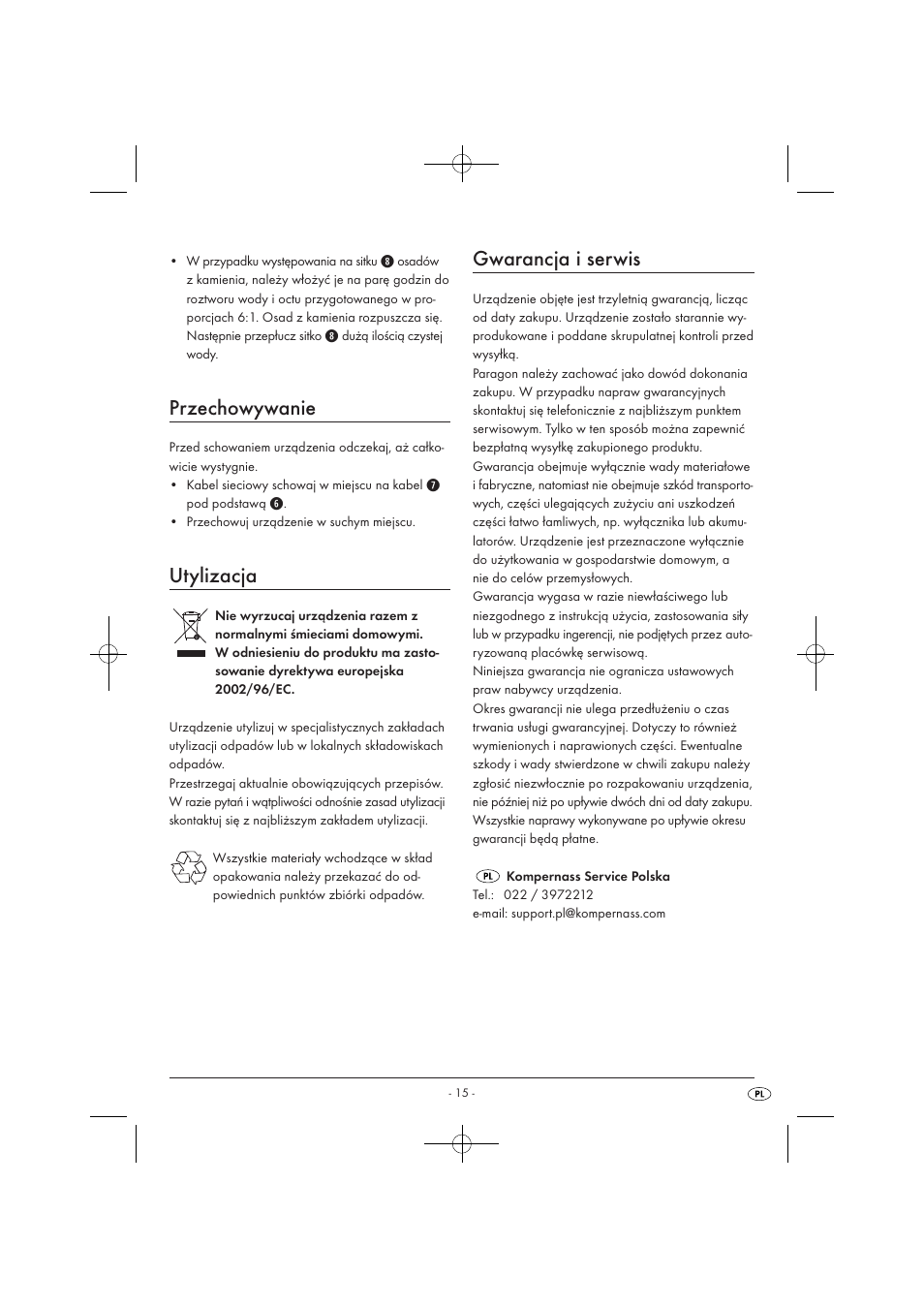 Przechowywanie, Utylizacja, Gwarancja i serwis | Silvercrest SWKD 3000 A1 User Manual | Page 17 / 58