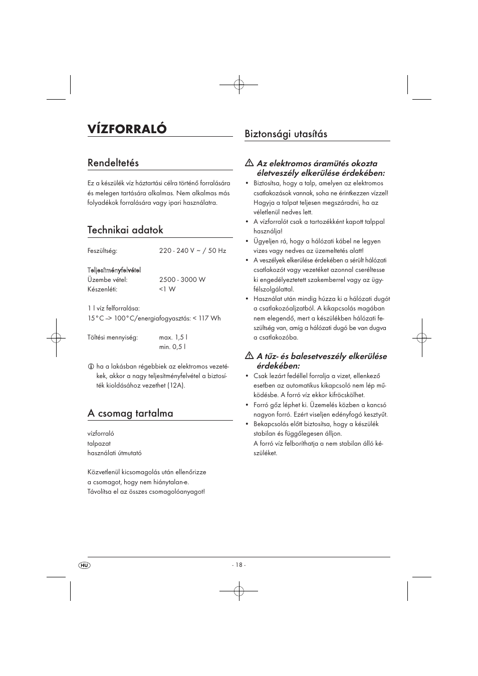 Vízforraló, Rendeltetés, Technikai adatok | A csomag tartalma, Biztonsági utasítás | Silvercrest SWKD 3000 A1 User Manual | Page 20 / 58