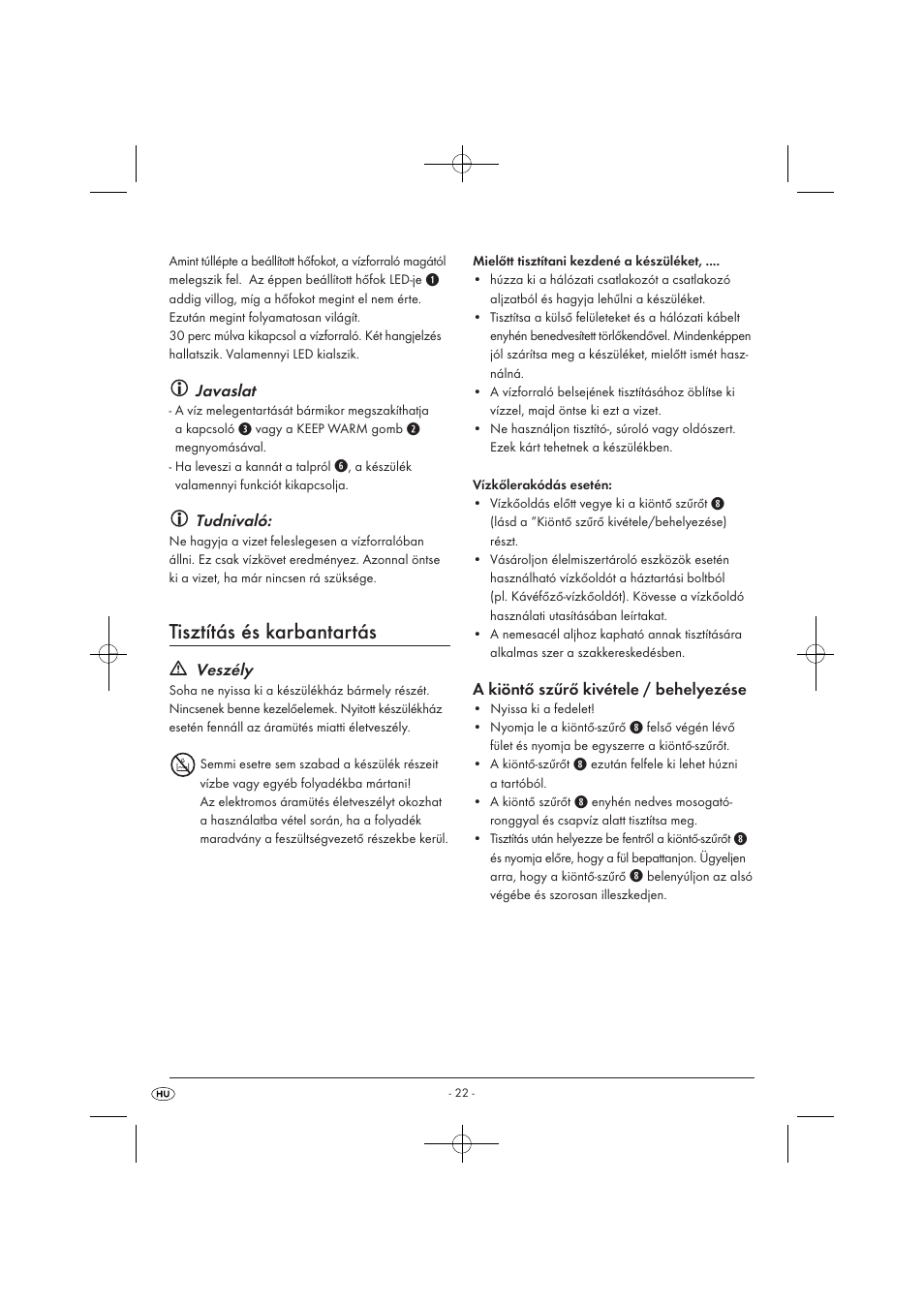 Tisztítás és karbantartás, Javaslat, Tudnivaló | Veszély, A kiöntő szűrő kivétele / behelyezése | Silvercrest SWKD 3000 A1 User Manual | Page 24 / 58