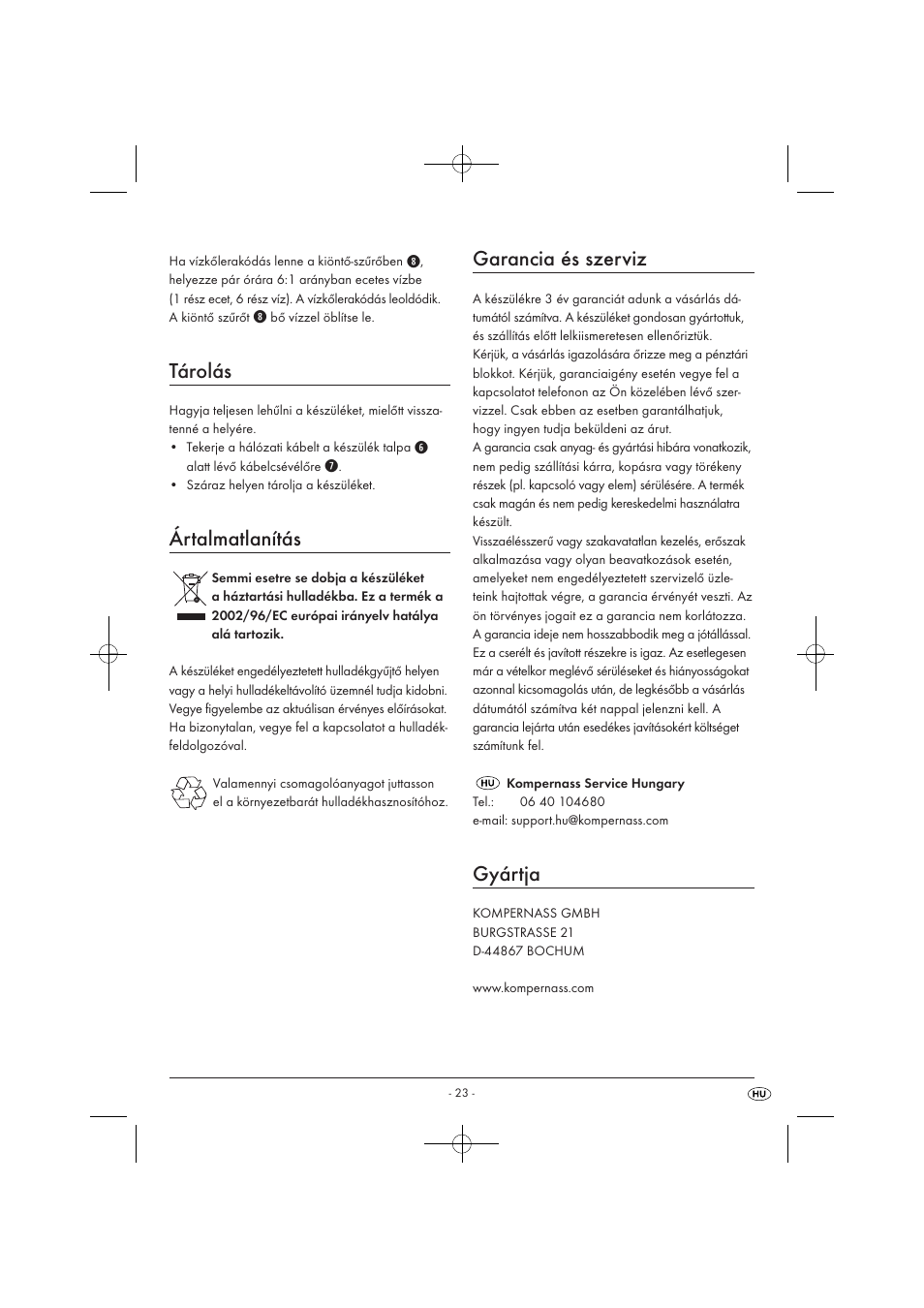 Tárolás, Ártalmatlanítás, Garancia és szerviz | Gyártja | Silvercrest SWKD 3000 A1 User Manual | Page 25 / 58