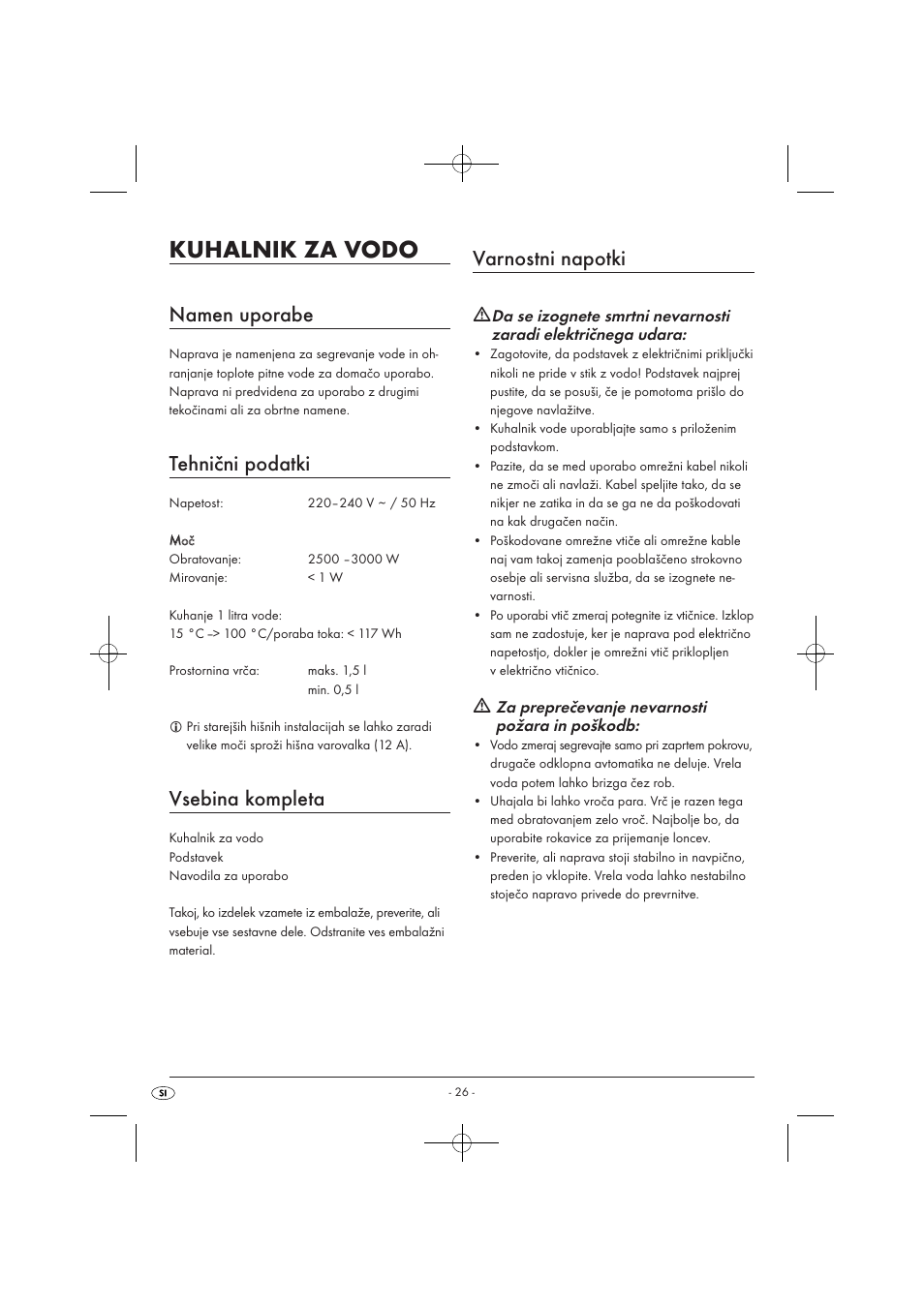 Kuhalnik za vodo, Namen uporabe, Tehnični podatki | Vsebina kompleta, Varnostni napotki | Silvercrest SWKD 3000 A1 User Manual | Page 28 / 58