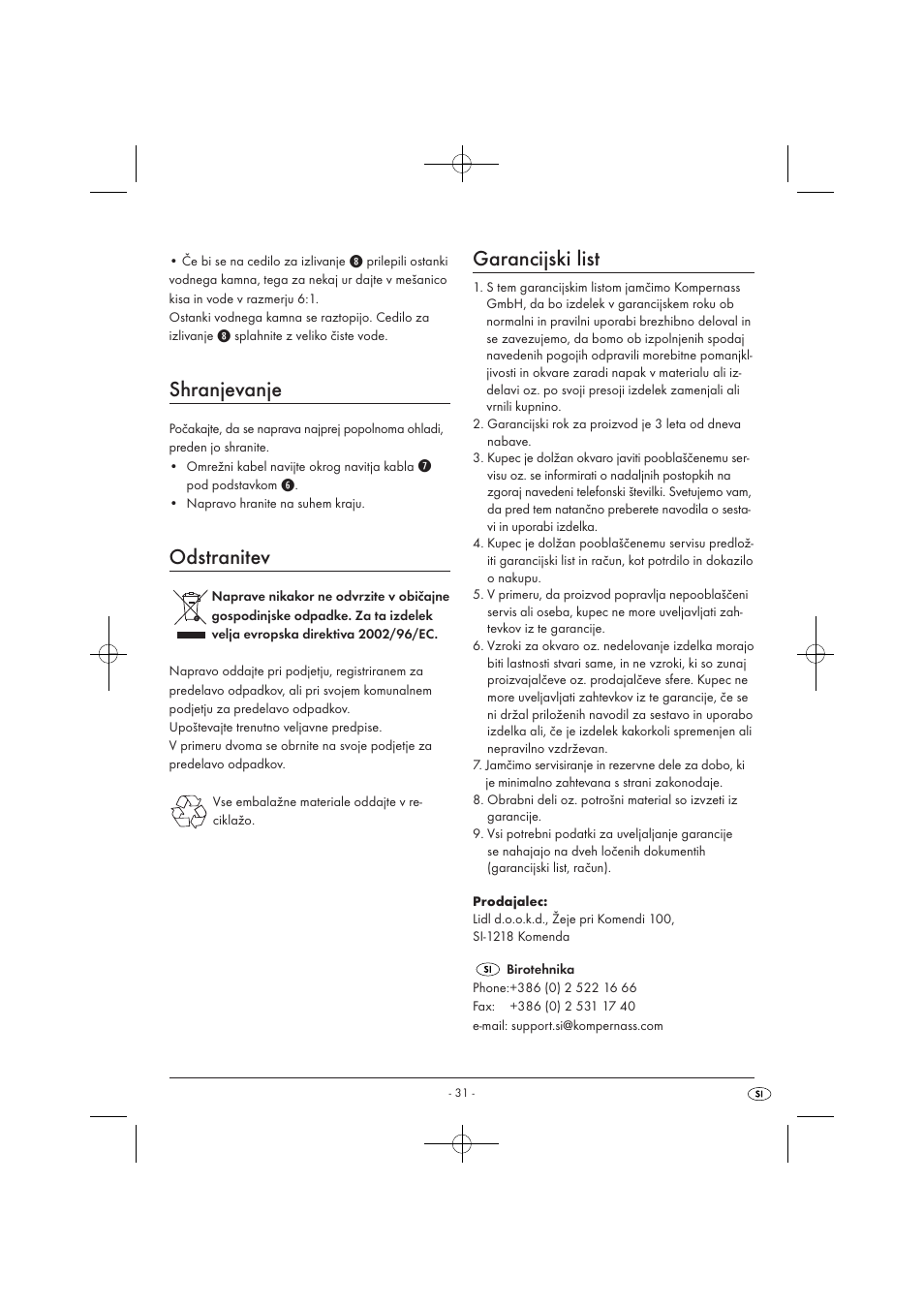 Shranjevanje, Odstranitev, Garancijski list | Silvercrest SWKD 3000 A1 User Manual | Page 33 / 58