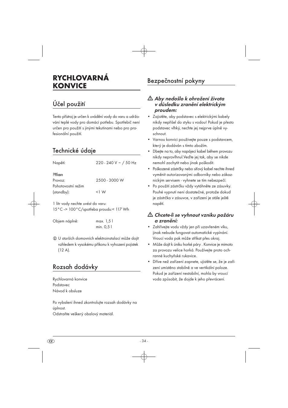 Rychlovarná konvice, Účel použití, Technické údaje | Rozsah dodávky, Bezpečnostní pokyny, Chcete-li se vyhnout vzniku požáru a zranění | Silvercrest SWKD 3000 A1 User Manual | Page 36 / 58