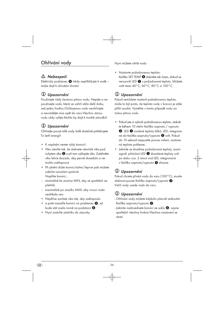 Ohřívání vody, Nebezpečí, Upozornění | Silvercrest SWKD 3000 A1 User Manual | Page 38 / 58