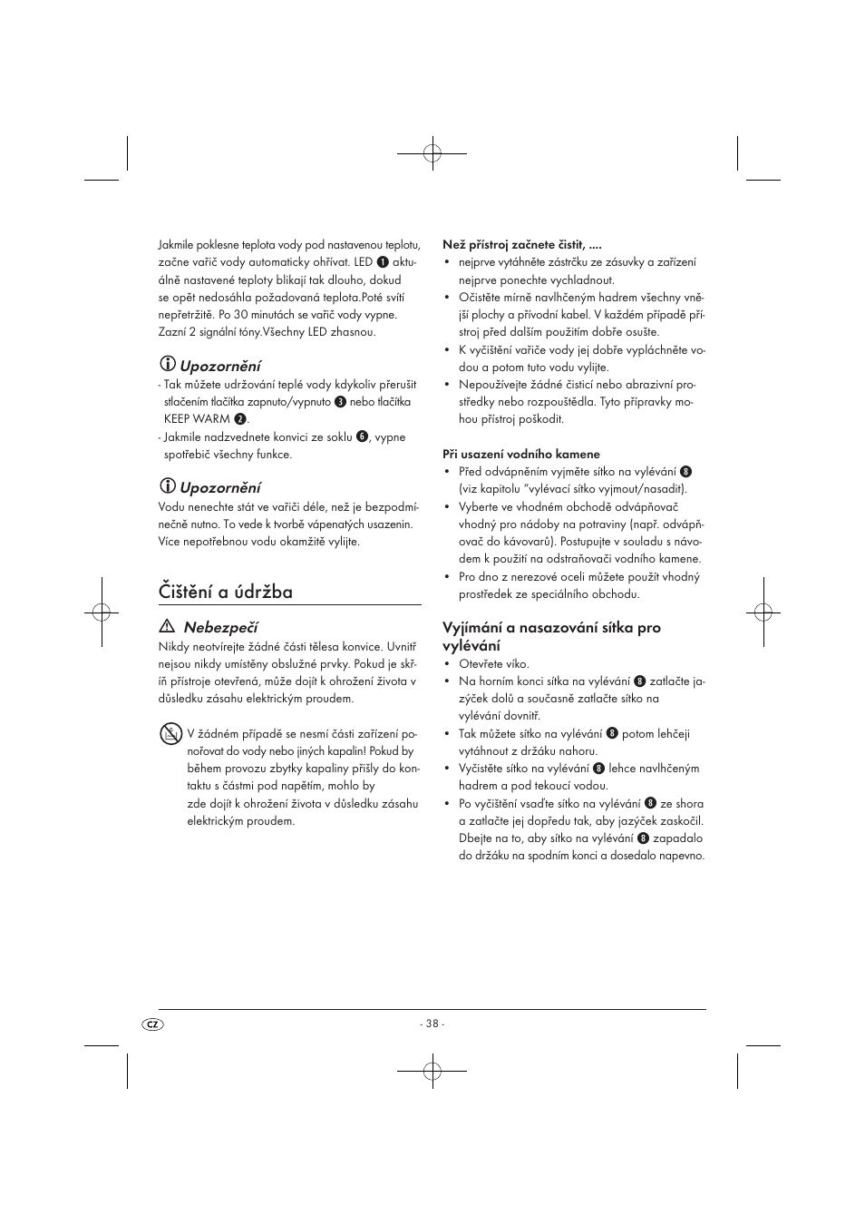 Čištění a údržba, Upozornění, Nebezpečí | Vyjímání a nasazování sítka pro vylévání | Silvercrest SWKD 3000 A1 User Manual | Page 40 / 58