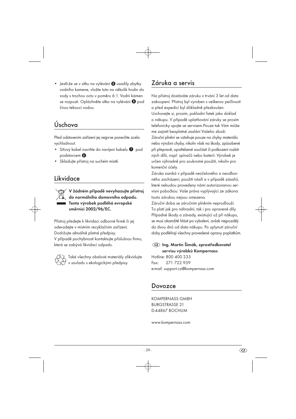 Úschova, Likvidace, Záruka a servis | Dovozce | Silvercrest SWKD 3000 A1 User Manual | Page 41 / 58