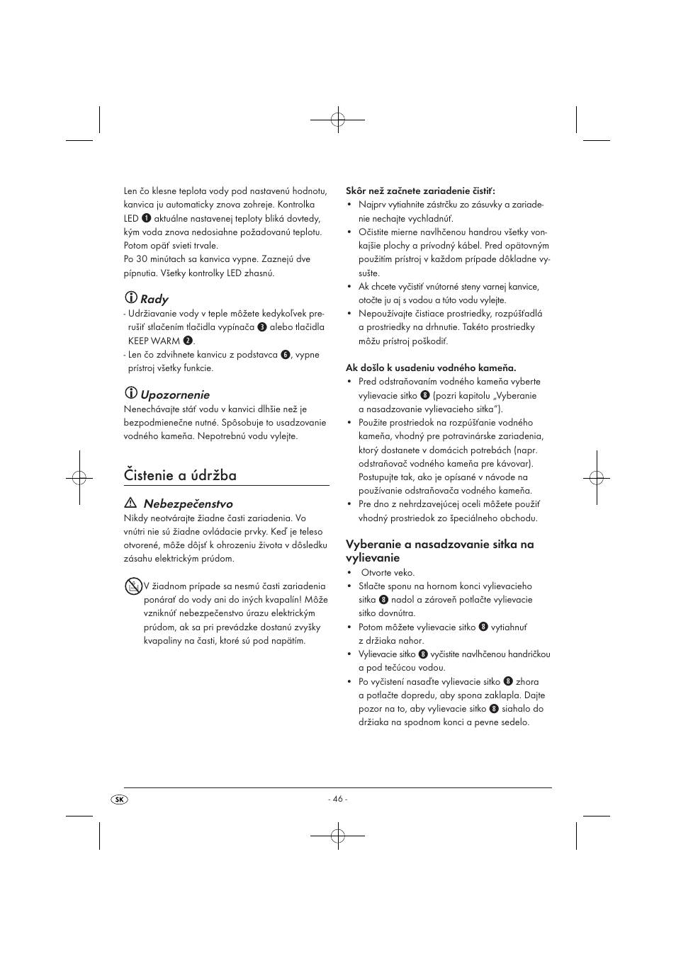 Čistenie a údržba, Rady, Upozornenie | Nebezpečenstvo, Vyberanie a nasadzovanie sitka na vylievanie | Silvercrest SWKD 3000 A1 User Manual | Page 48 / 58