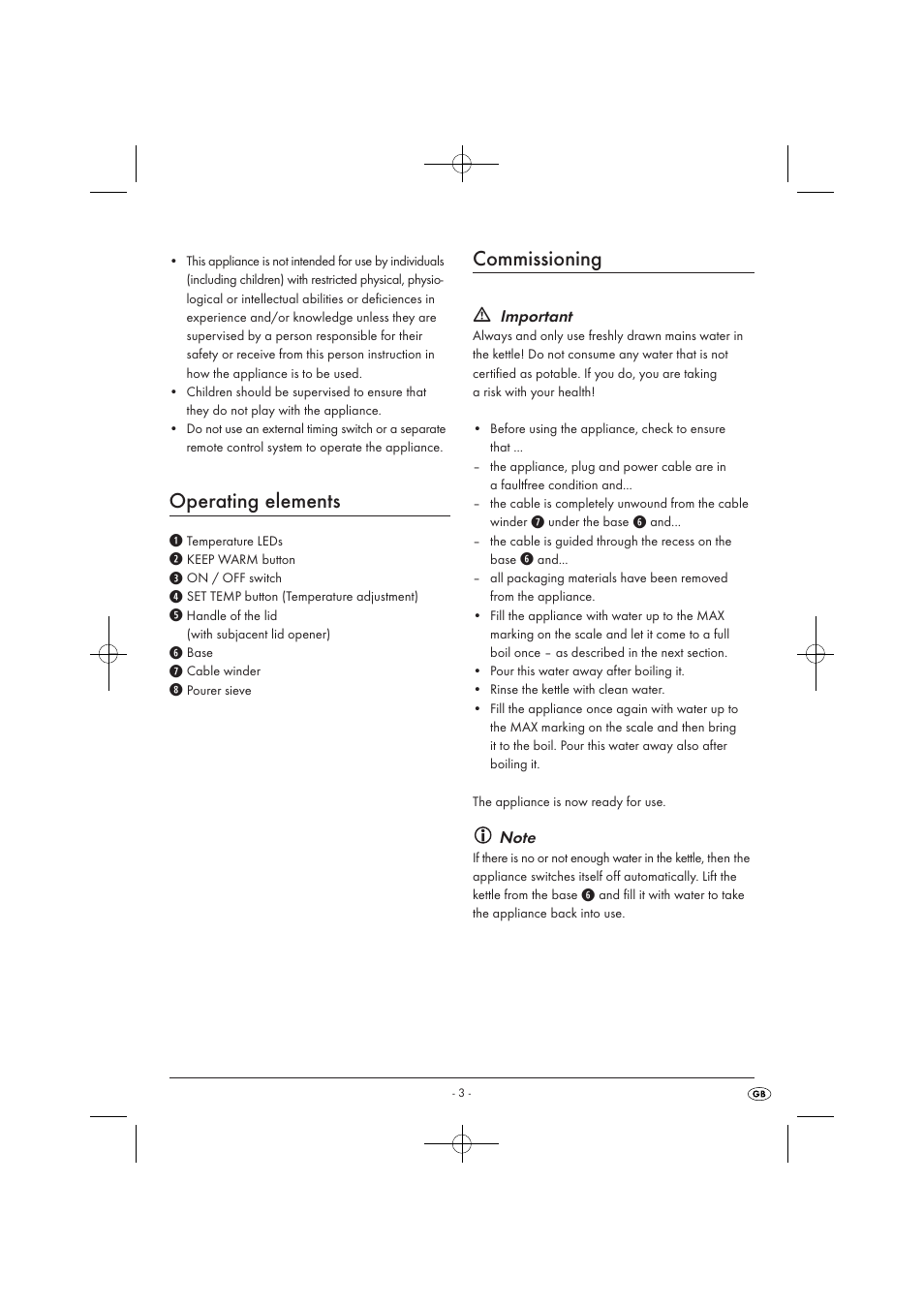 Operating elements, Commissioning, Important | Silvercrest SWKD 3000 A1 User Manual | Page 5 / 58