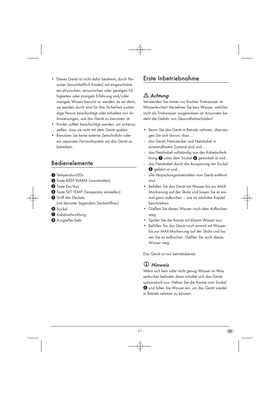 Bedienelemente, Erste inbetriebnahme, Achtung | Hinweis | Silvercrest SWKD 3000 A1 User Manual | Page 53 / 58