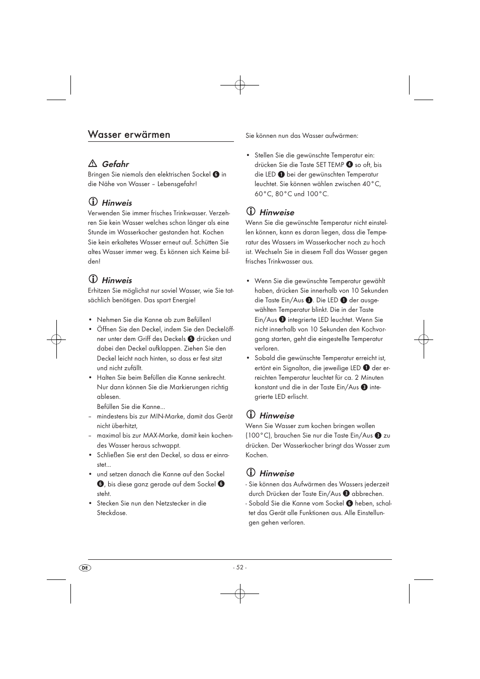 Wasser erwärmen, Gefahr, Hinweis | Hinweise | Silvercrest SWKD 3000 A1 User Manual | Page 54 / 58