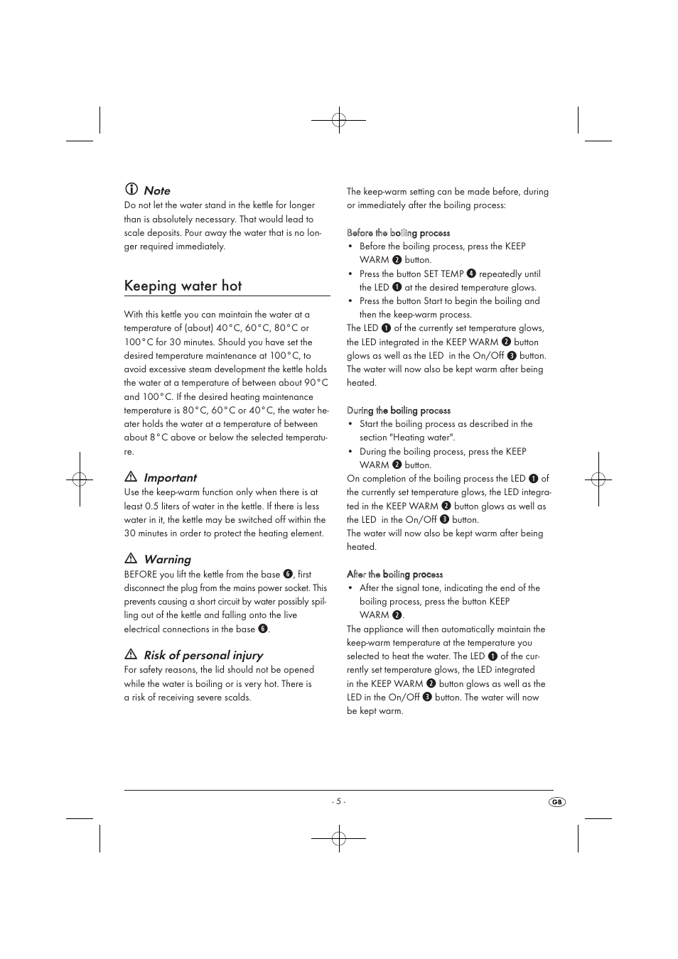 Keeping water hot, Important, Warning | Risk of personal injury | Silvercrest SWKD 3000 A1 User Manual | Page 7 / 58
