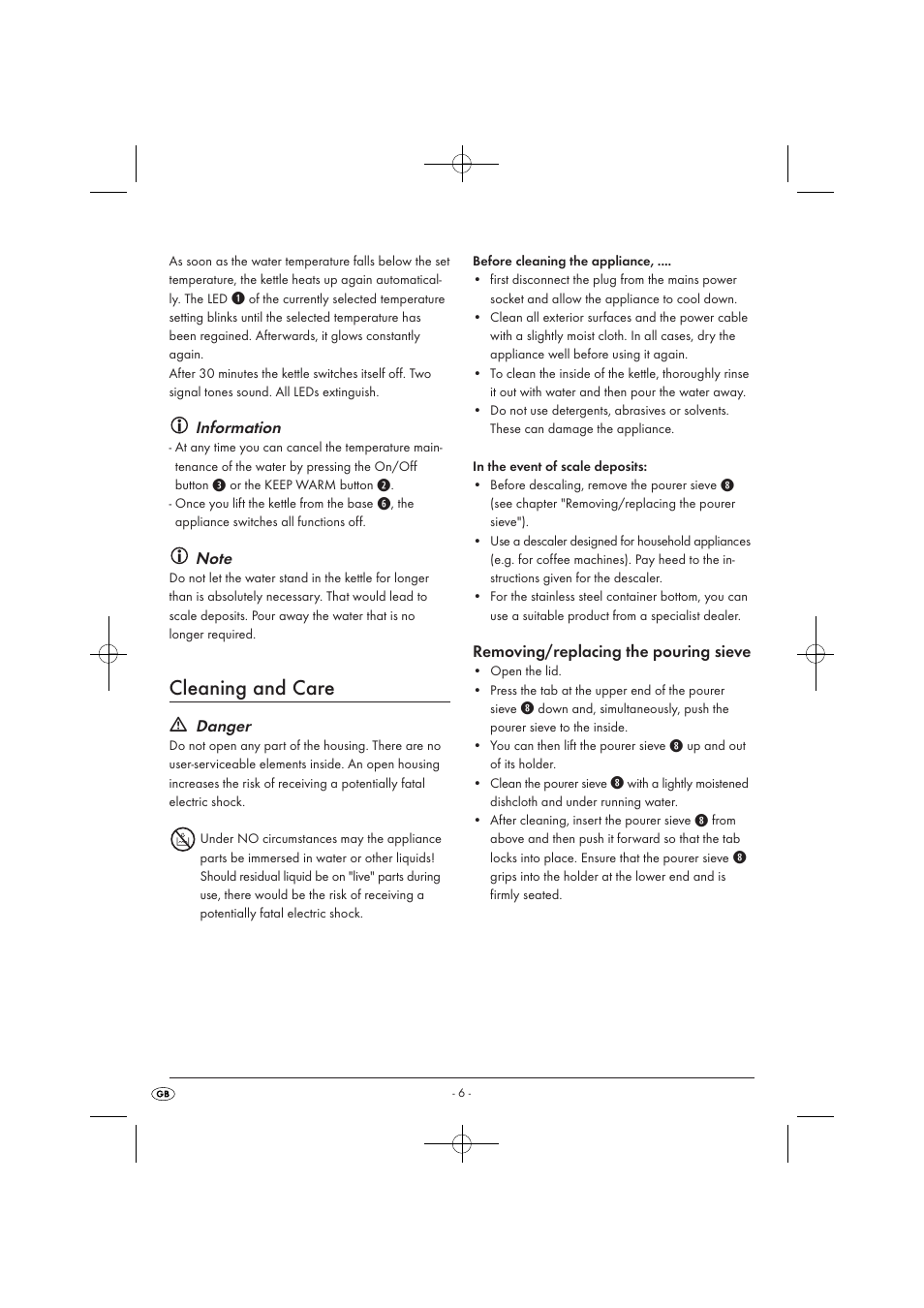 Cleaning and care, Information, Danger | Removing/replacing the pouring sieve | Silvercrest SWKD 3000 A1 User Manual | Page 8 / 58