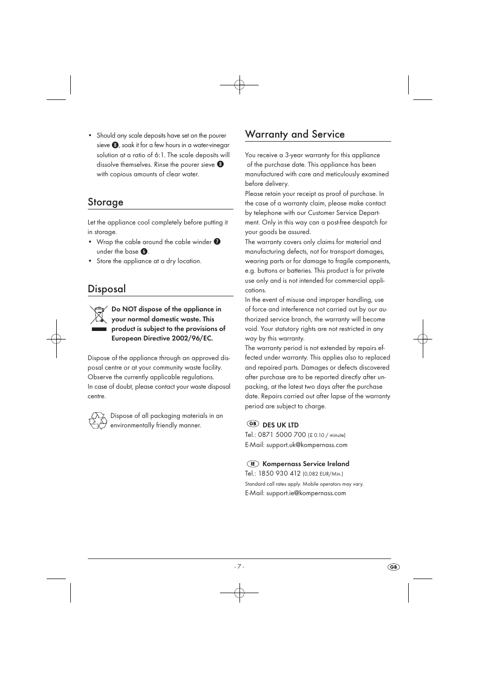 Storage, Disposal, Warranty and service | Silvercrest SWKD 3000 A1 User Manual | Page 9 / 58