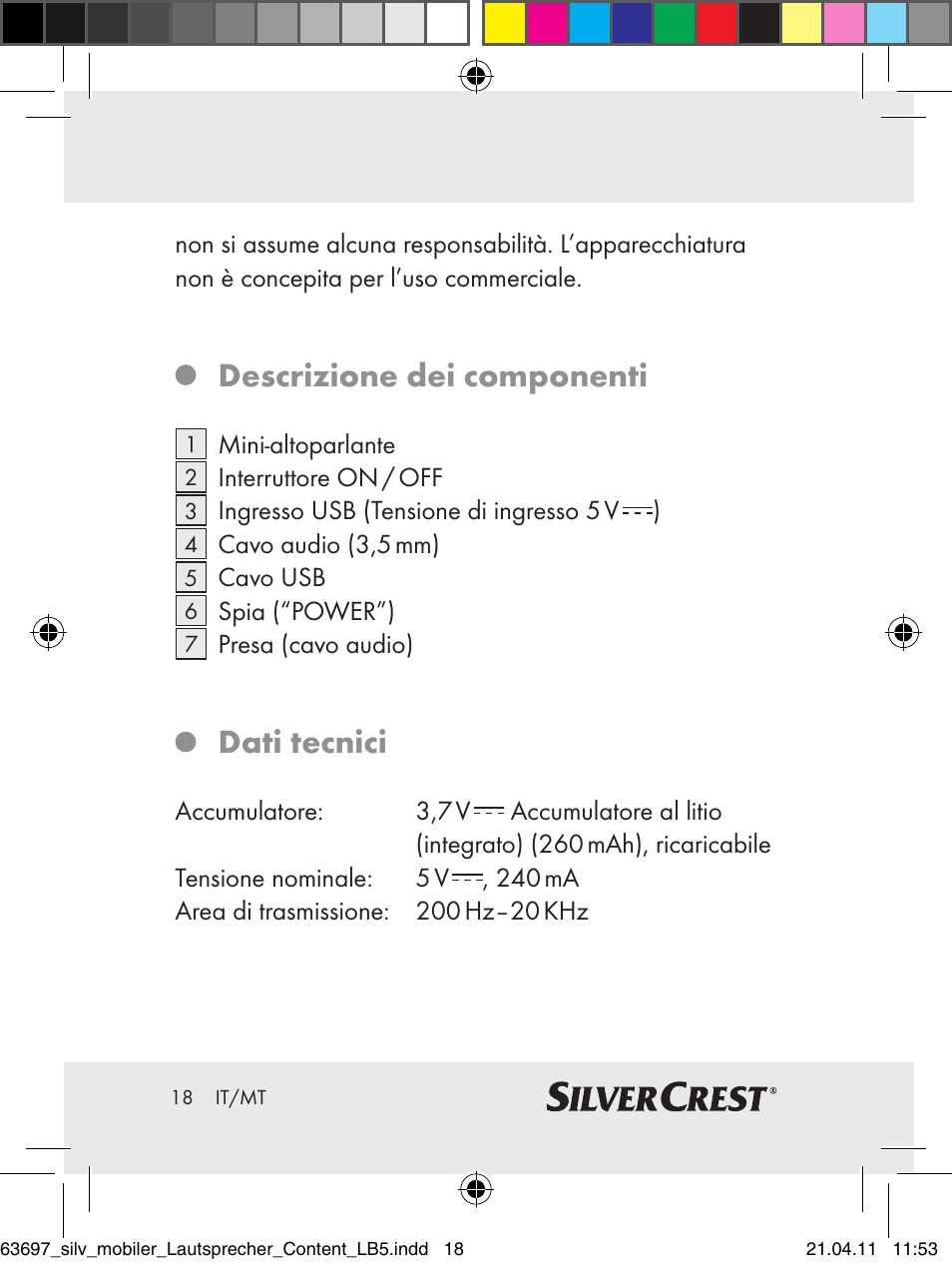 Descrizione dei componenti, Dati tecnici | Silvercrest Z30813 User Manual | Page 16 / 58