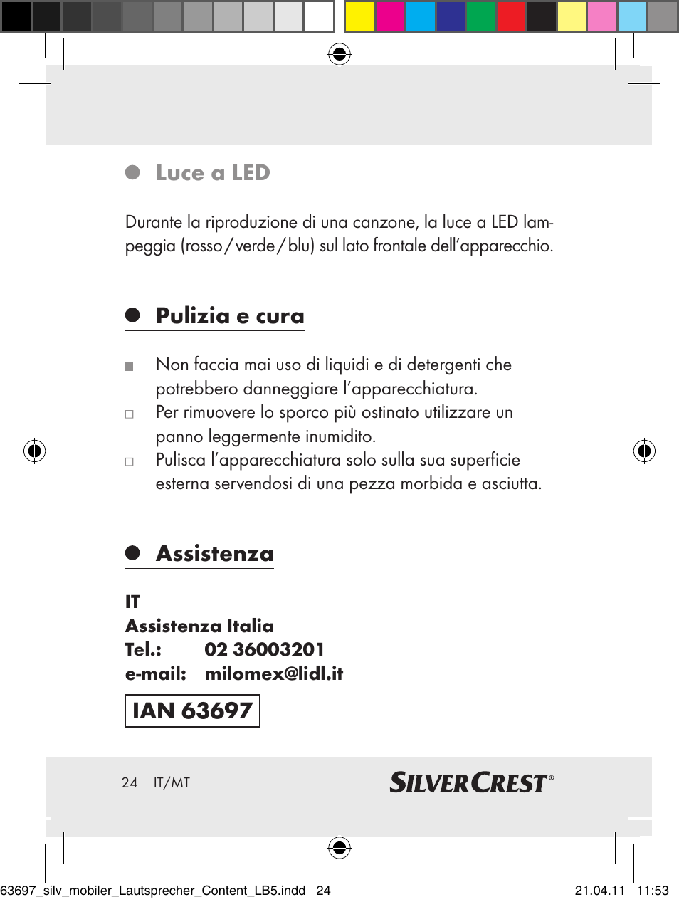 Luce a led, Pulizia e cura, Assistenza | Silvercrest Z30813 User Manual | Page 22 / 58