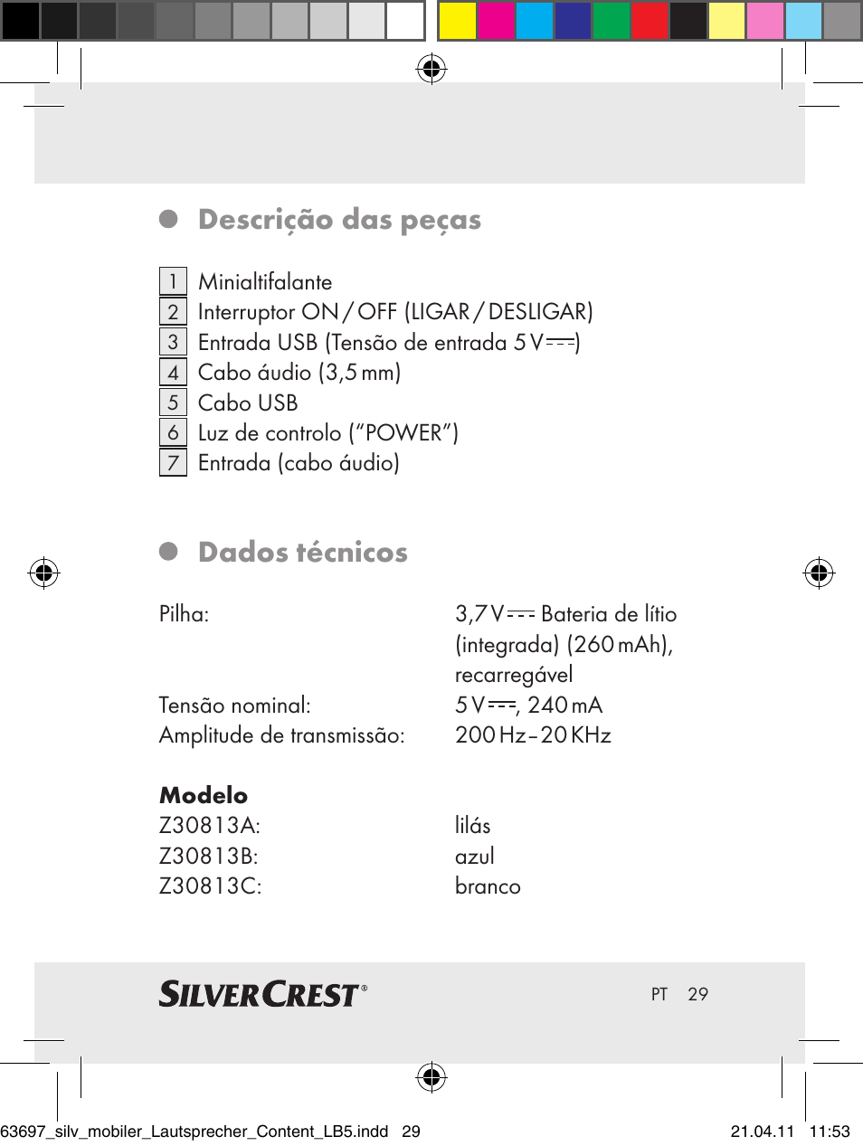 Descrição das peças, Dados técnicos | Silvercrest Z30813 User Manual | Page 27 / 58