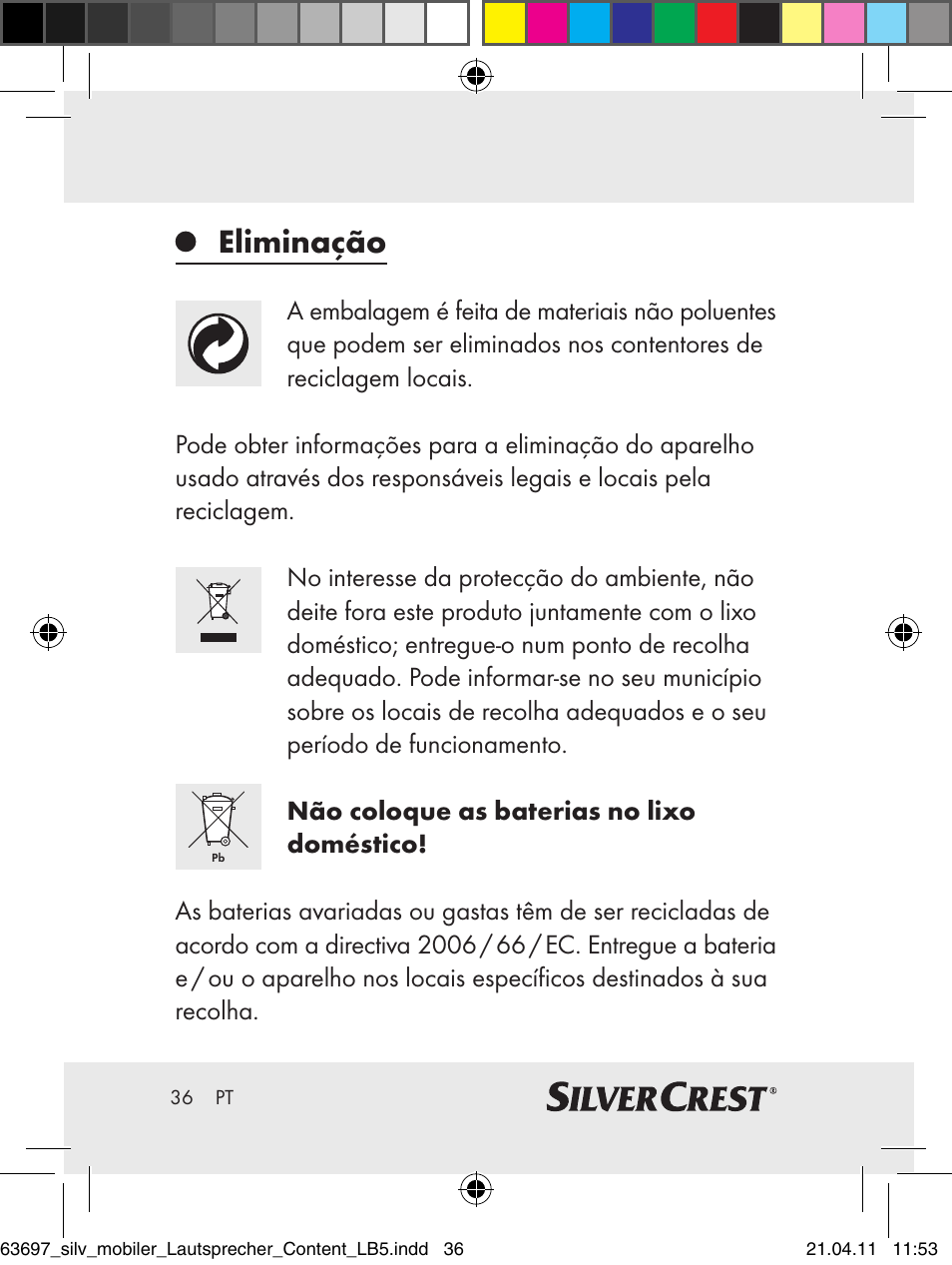 Eliminação | Silvercrest Z30813 User Manual | Page 34 / 58