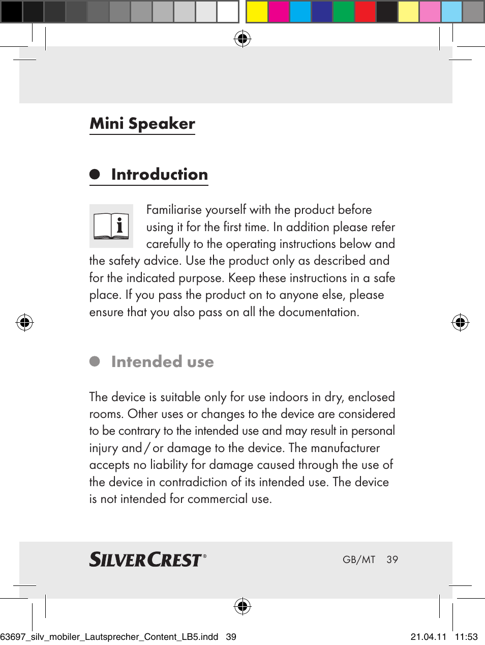 Mini speaker introduction, Intended use | Silvercrest Z30813 User Manual | Page 37 / 58