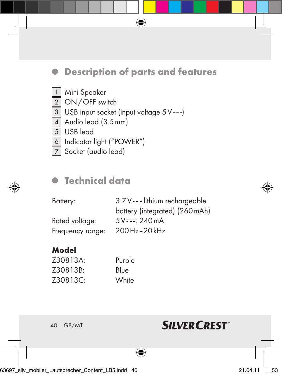 Description of parts and features, Technical data | Silvercrest Z30813 User Manual | Page 38 / 58