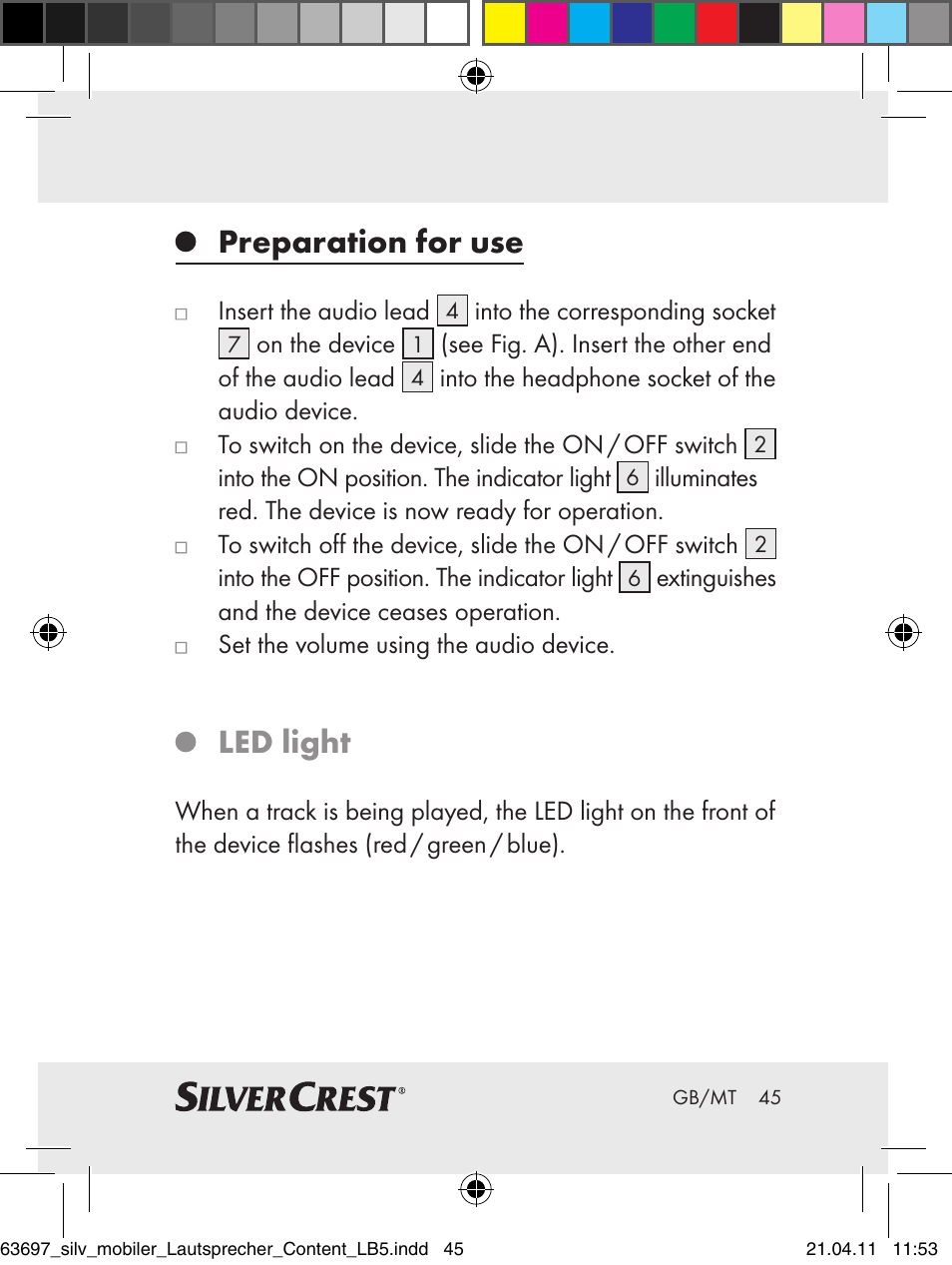 Preparation for use, Led light | Silvercrest Z30813 User Manual | Page 43 / 58